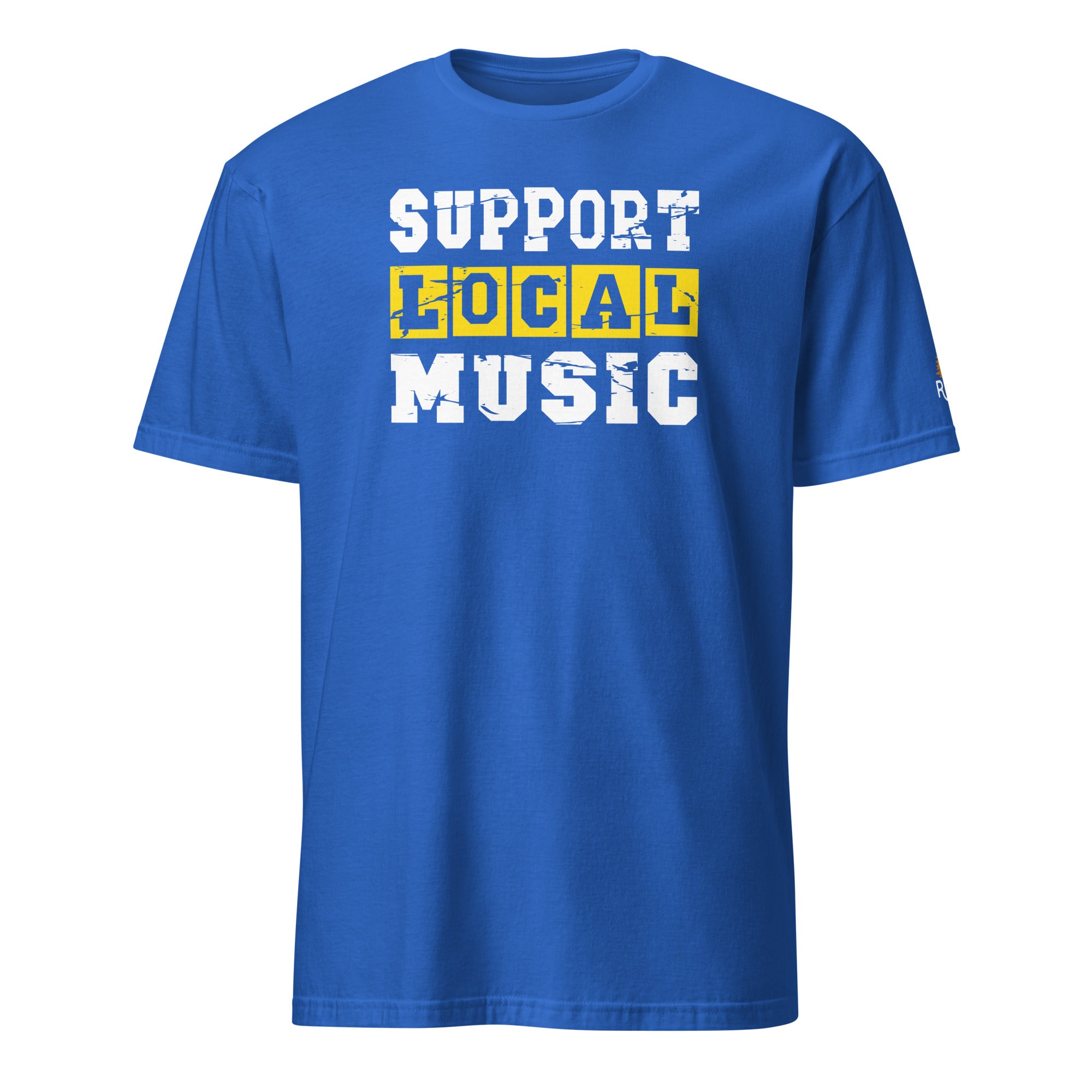 Product mockup of Support Local Music | Vintage Stencil Tee in Royal Blue